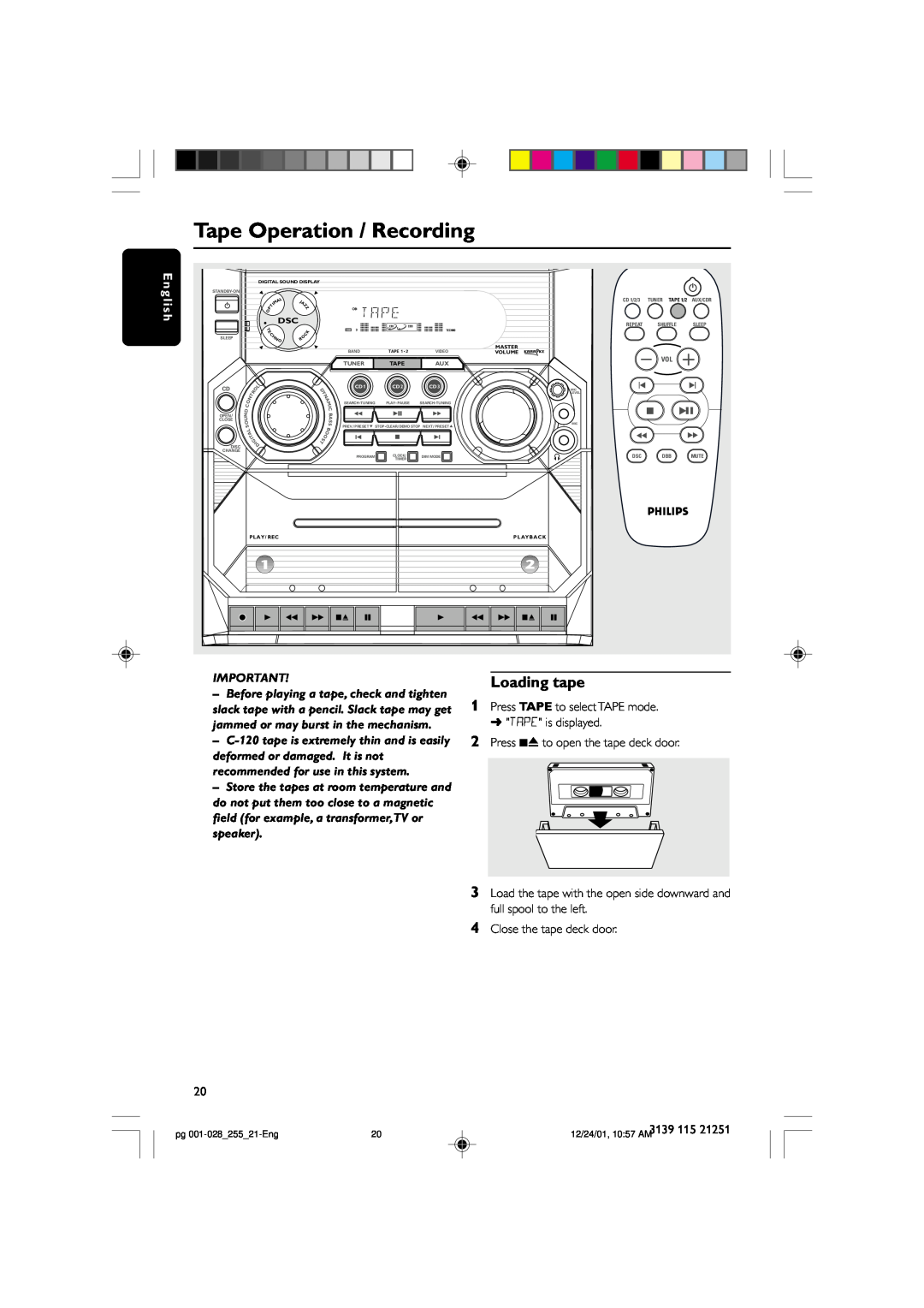 Philips C255 manual Tape Operation / Recording, pg 001-028 255 21-Eng, 12/24/01, 10 57 AM, Sleep, Tuner, Mute, News/Ta 