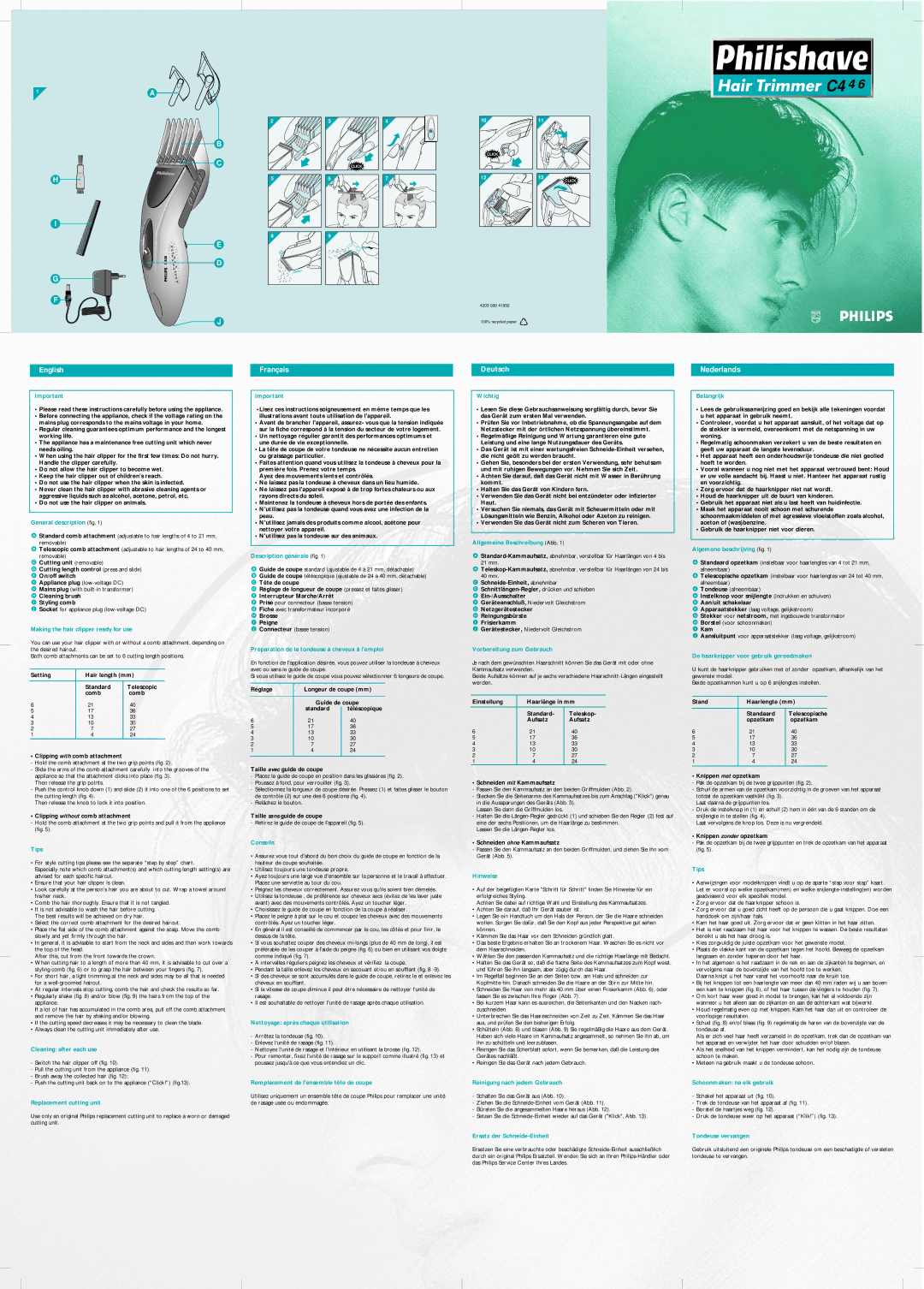 Philips C446 manual General description fig, Making the hair clipper ready for use, Tips, Cleaning after each use, Wichtig 