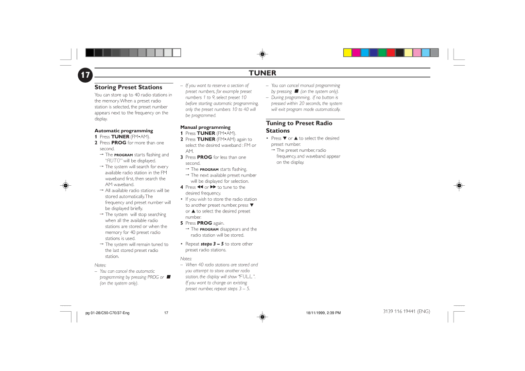 Philips C70, C50 manual Storing Preset Stations, Tuning to Preset Radio Stations, Automatic programming, Manual programming 
