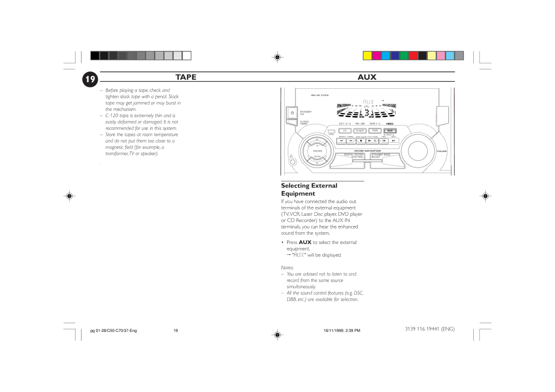 Philips C70, C50 manual Tape AUX, Selecting External Equipment 