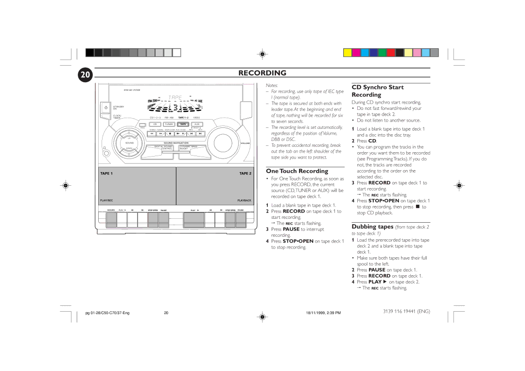Philips C50, C70 manual CD Synchro Start Recording, One Touch Recording 