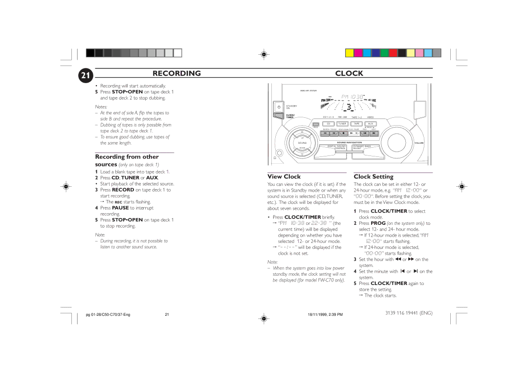 Philips C70, C50 manual 21RECORDING, View Clock, Clock Setting, Press CLOCK/TIMER to select clock mode 