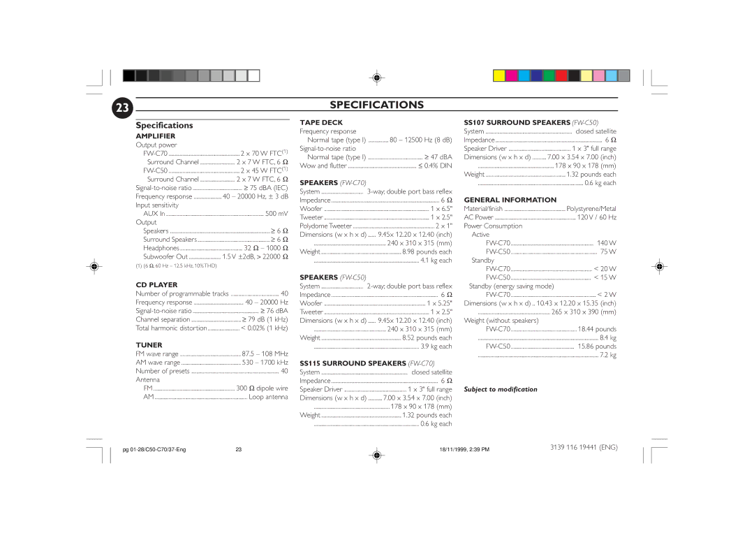 Philips C70, C50 manual Specifications 