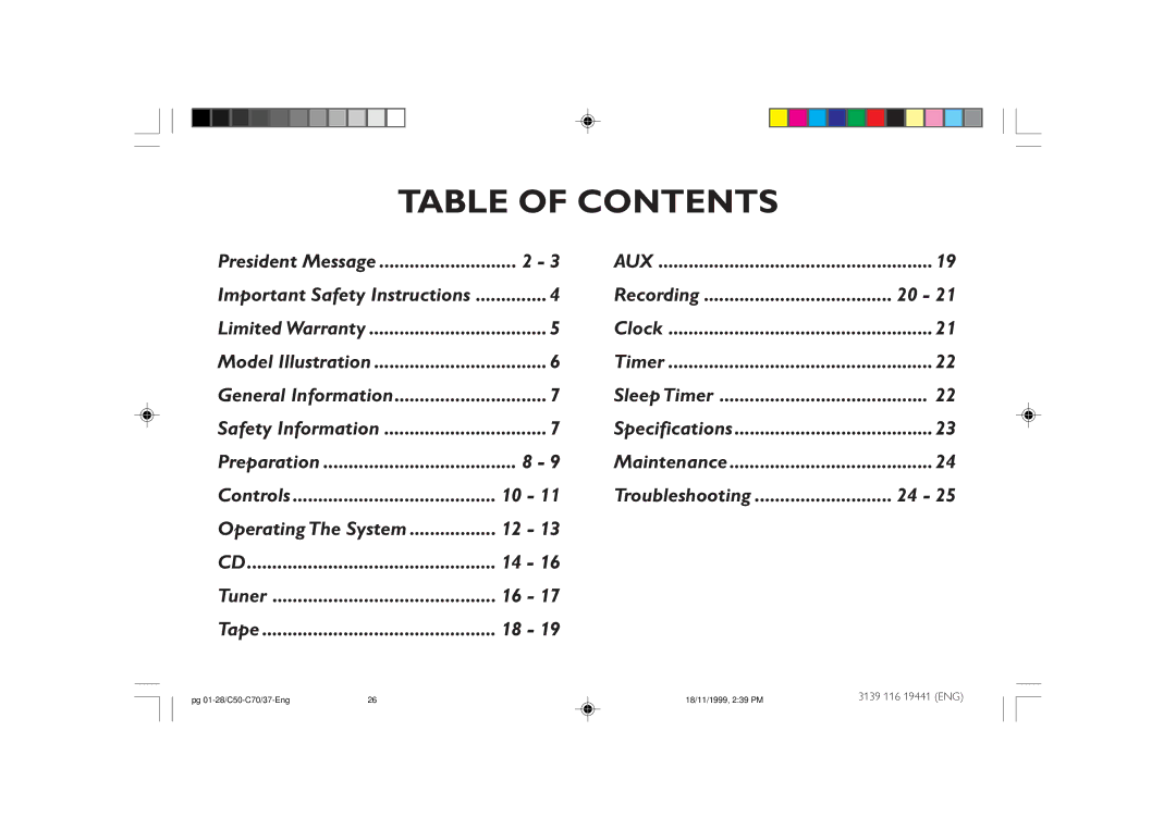 Philips C50, C70 manual Table of Contents 