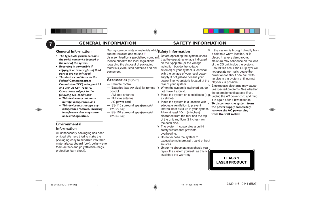 Philips C70, C50 manual General Information Safety Information, Environmental Information, Accessories Supplied 