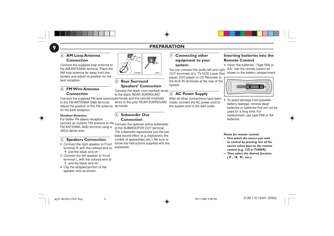 Philips C70 AM Loop Antenna Connection, FM Wire Antenna Connection, Rear Surround Speakers’ Connection, AC Power Supply 