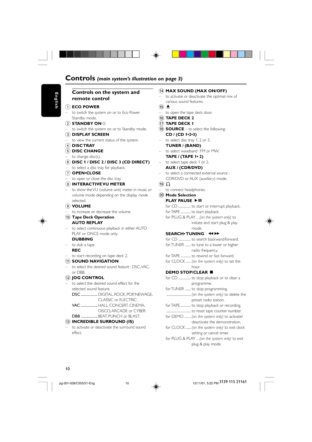 Philips C555 manual Controls on the system, Remote control 