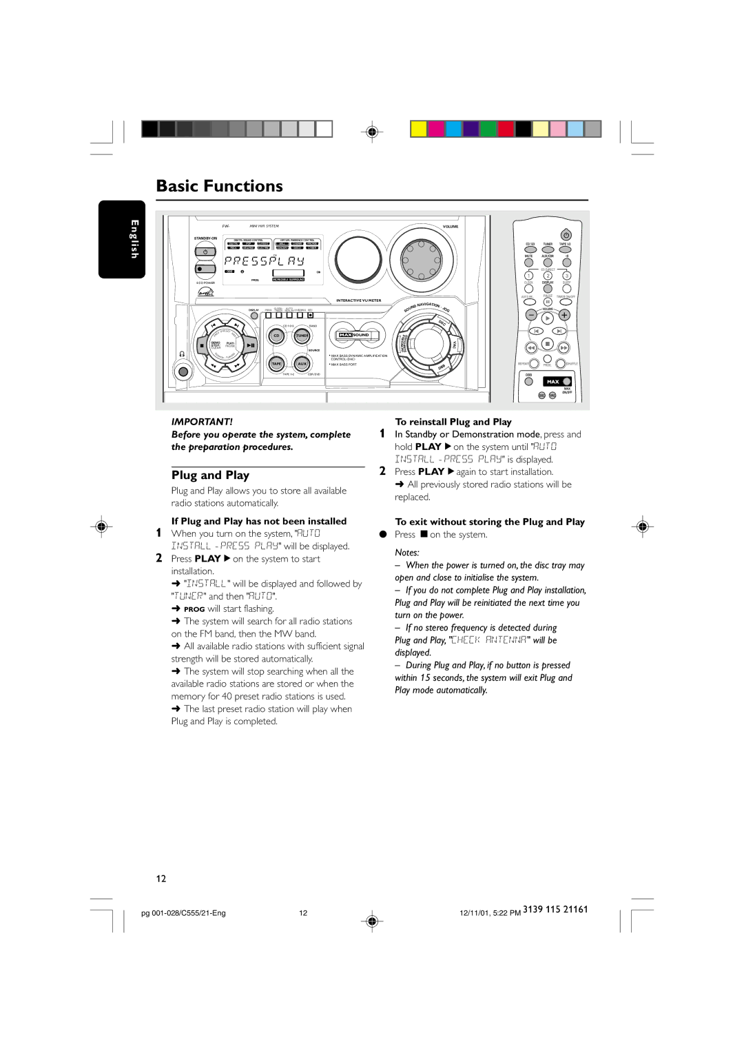 Philips C555 manual Basic Functions, If Plug and Play has not been installed, To reinstall Plug and Play 