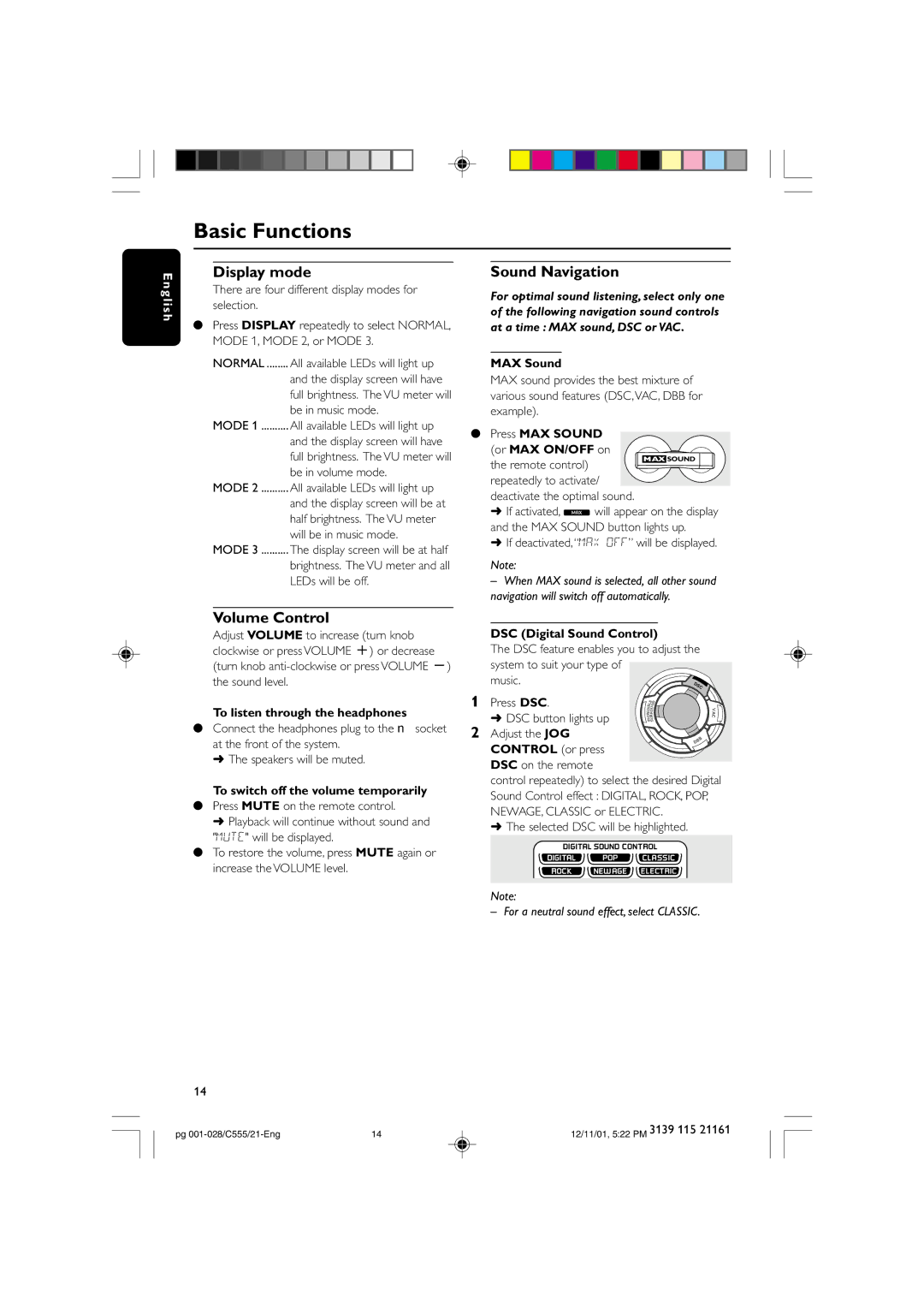 Philips C555 manual Display mode Sound Navigation, Volume Control 