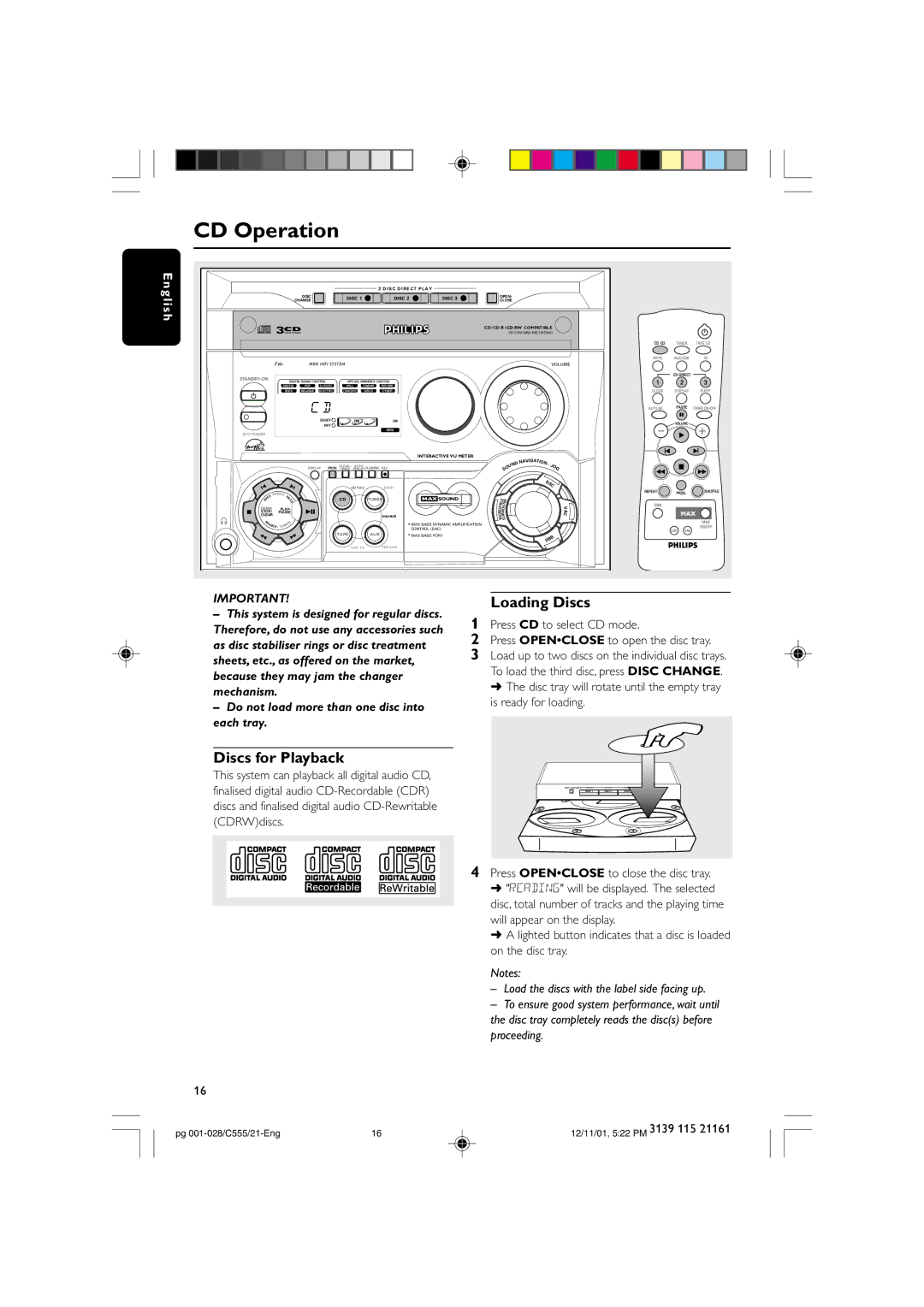 Philips C555 manual CD Operation, Discs for Playback, Loading Discs 