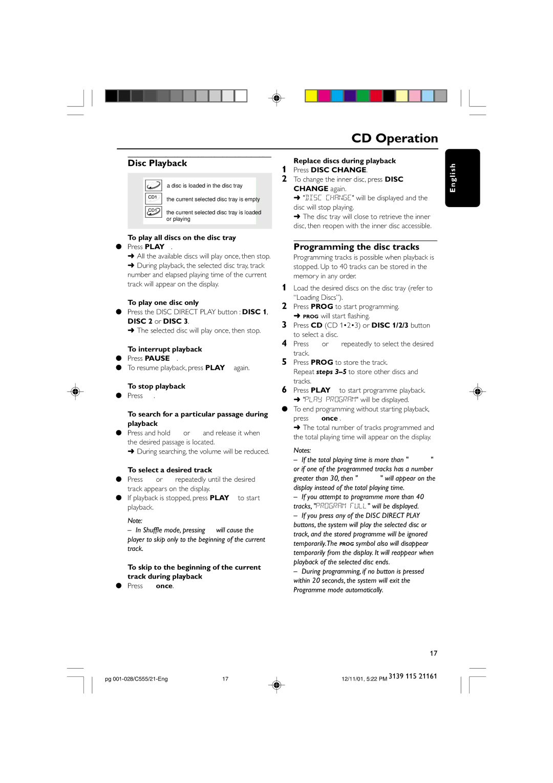 Philips C555 manual Disc Playback, Programming the disc tracks 