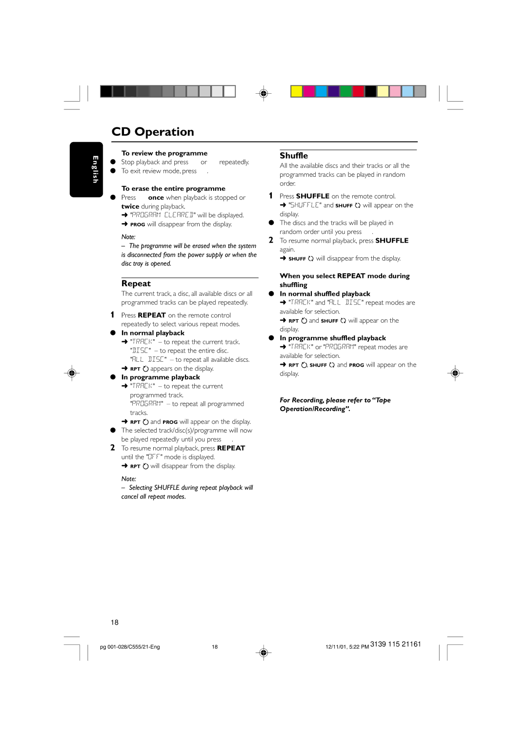 Philips C555 manual Repeat, Shuffle 