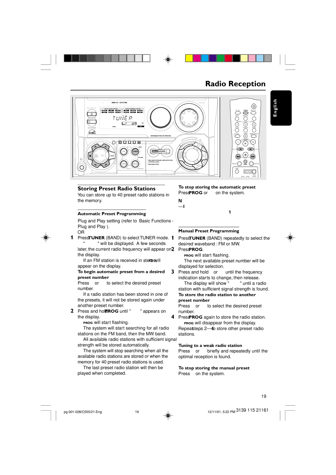 Philips C555 manual Radio Reception, Storing Preset Radio Stations 