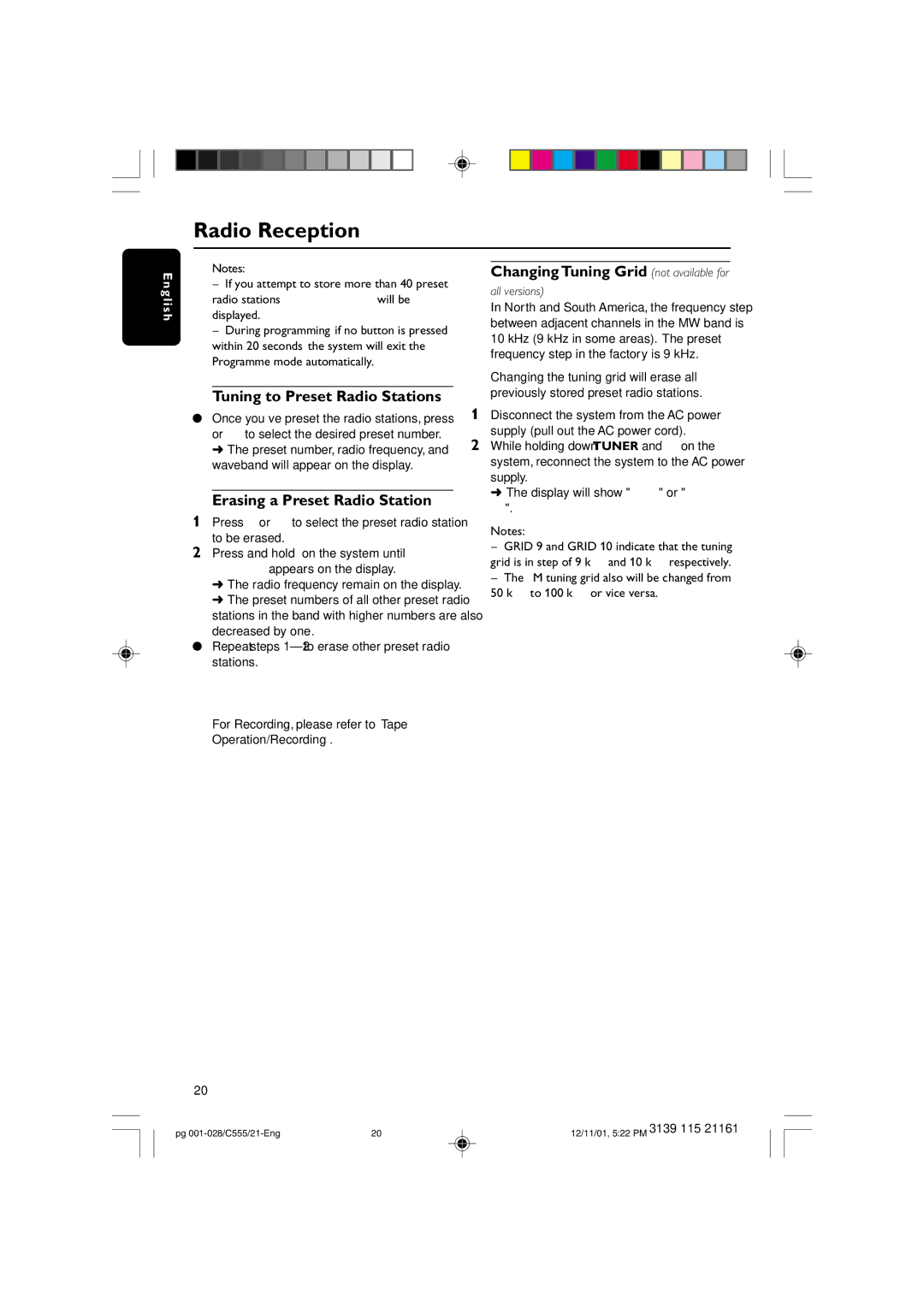 Philips C555 manual Tuning to Preset Radio Stations, Erasing a Preset Radio Station, Changing Tuning Grid not available for 