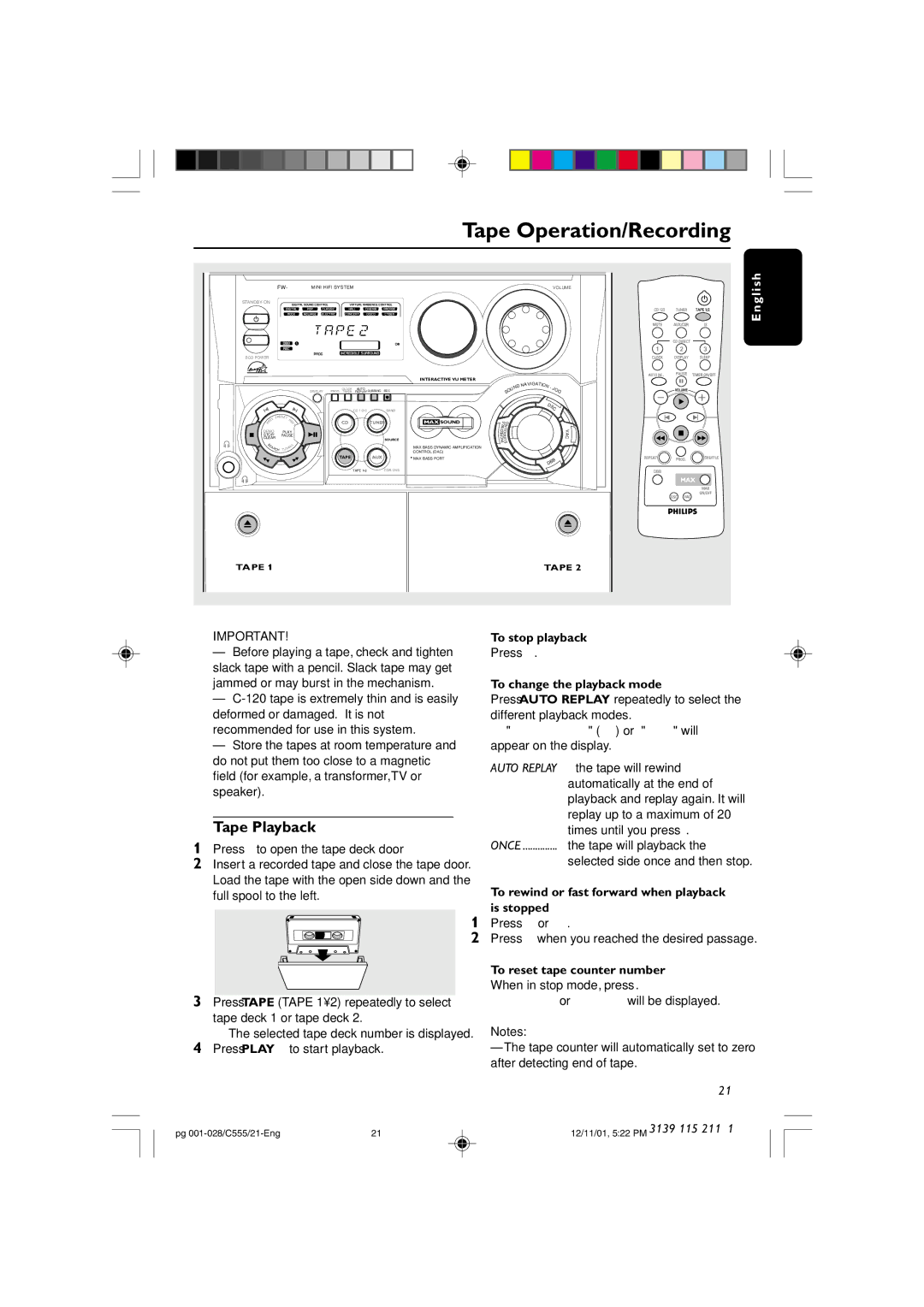 Philips C555 manual Tape Operation/Recording, Tape Playback, To change the playback mode, To reset tape counter number 