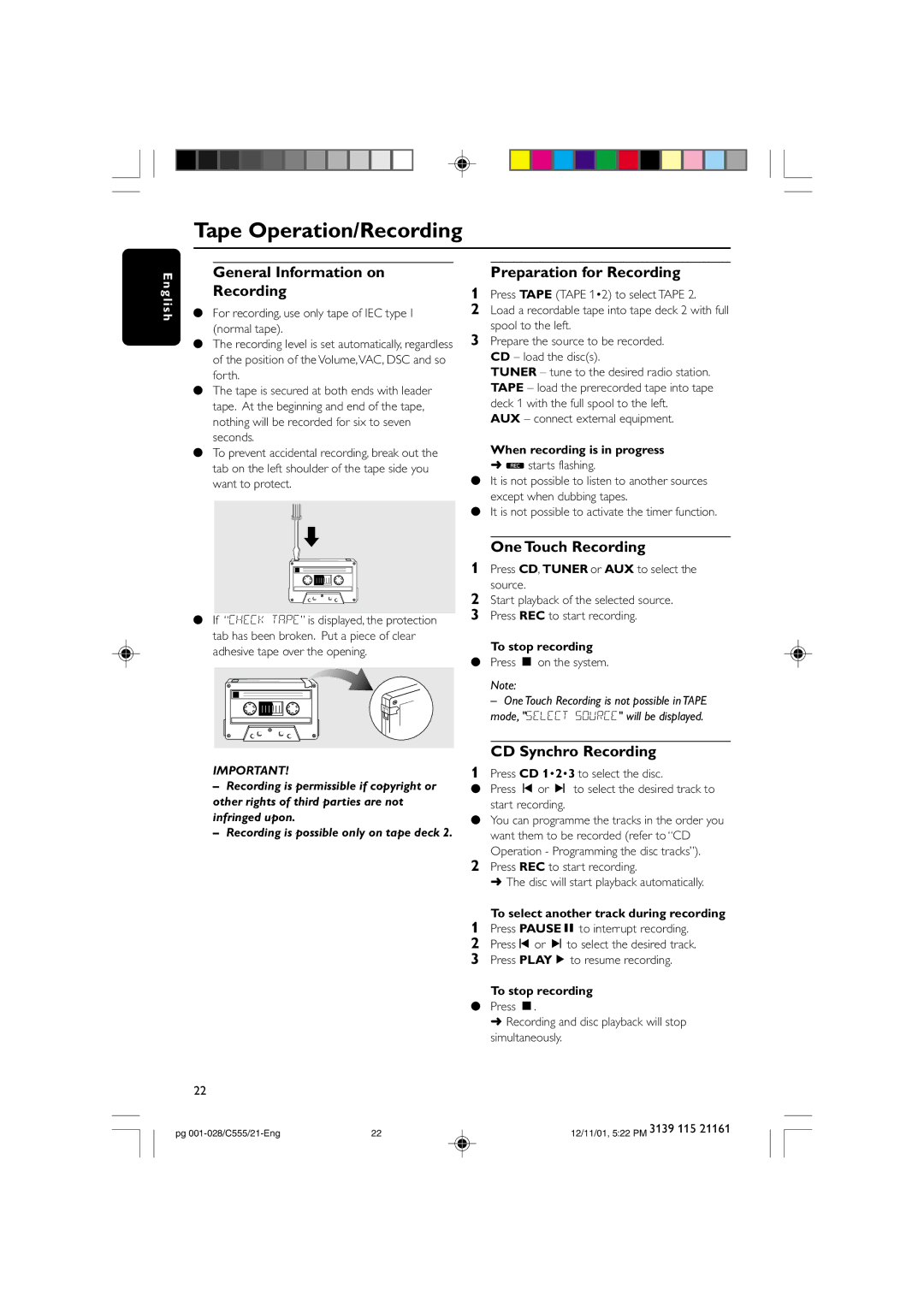 Philips C555 manual General Information on Recording, Preparation for Recording, One Touch Recording, CD Synchro Recording 