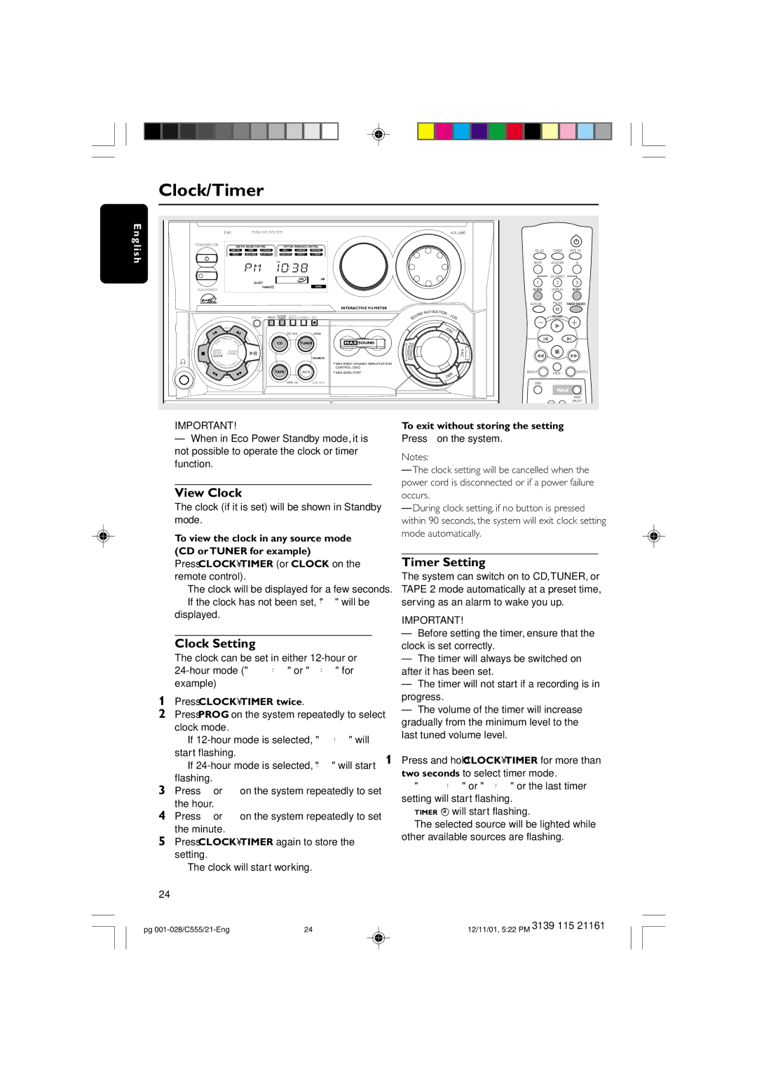 Philips C555 manual Clock/Timer, View Clock, Clock Setting, Timer Setting 