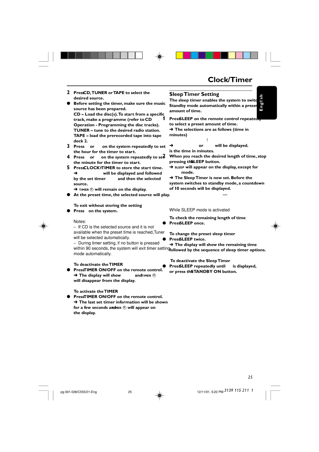 Philips C555 manual Sleep Timer Setting, To deactivate the Timer, To deactivate the Sleep Timer, To activate the Timer 