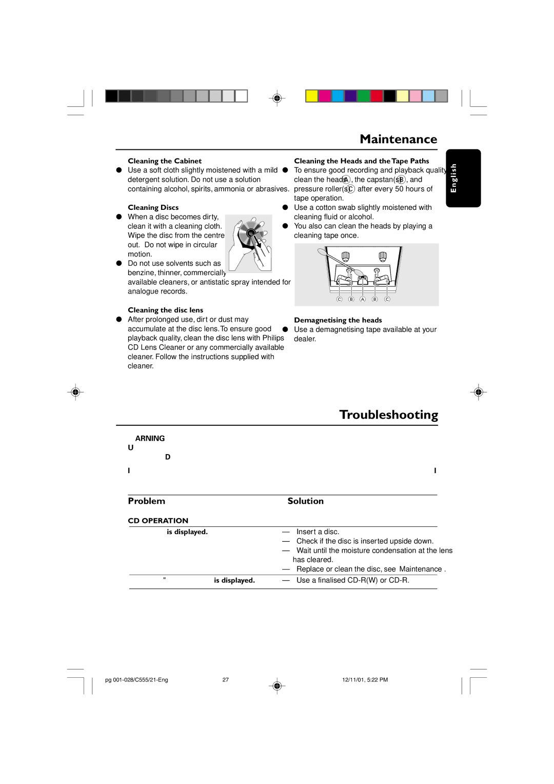 Philips C555 manual Maintenance, Troubleshooting, Problem Solution, CD Operation 