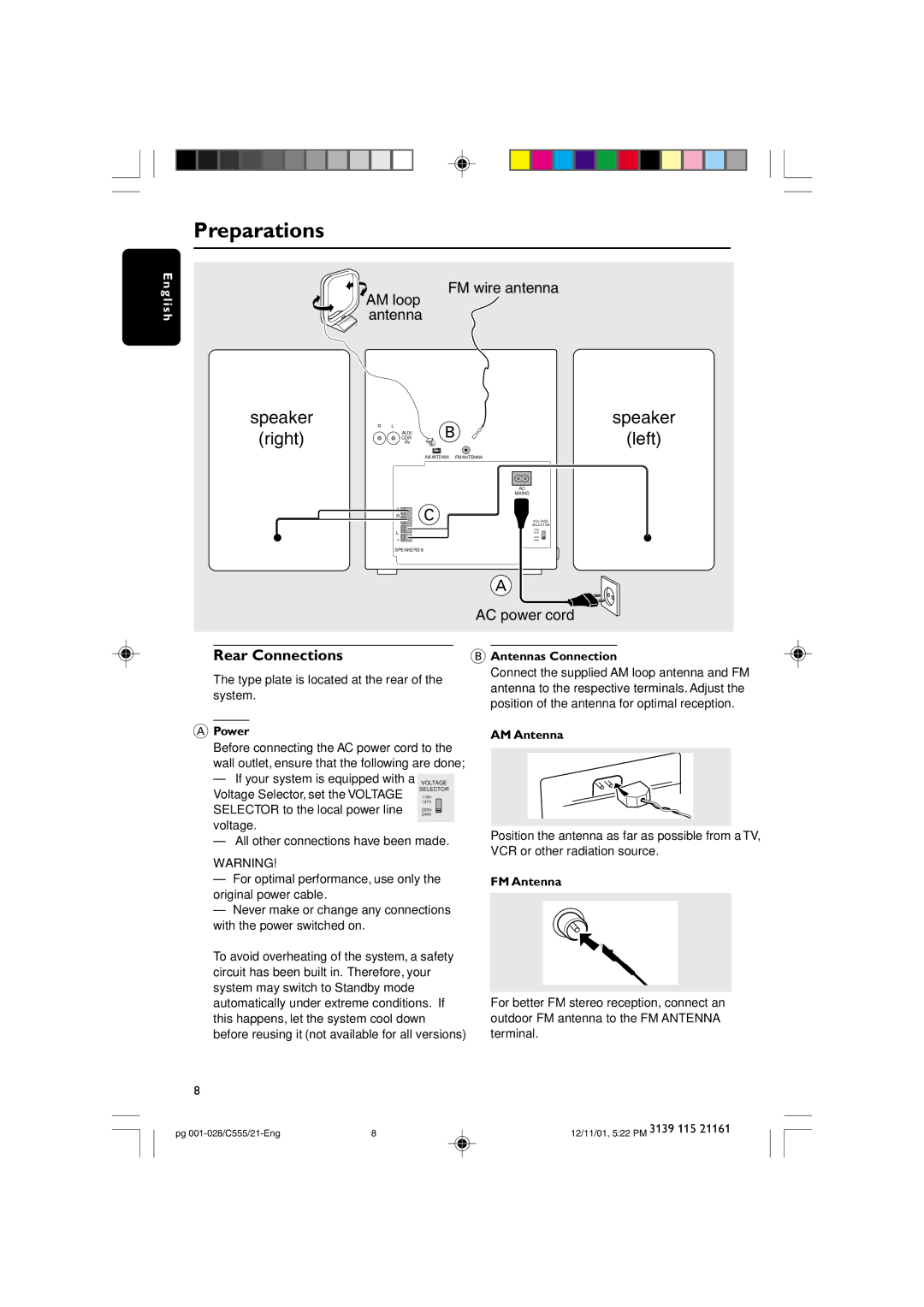 Philips C555 manual Preparations, Rear Connections 