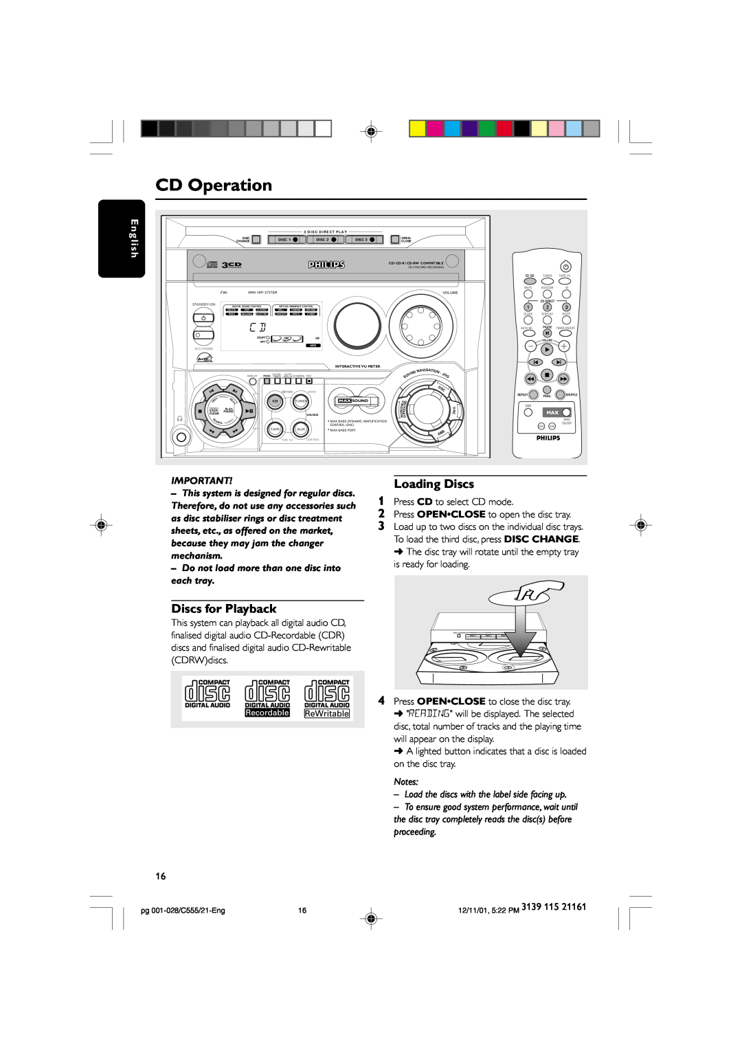 Philips manual CD Operation, Discs for Playback, Loading Discs, E n g l i s h, pg 001-028/C555/21-Eng, 12/11/01, 5 22 PM 