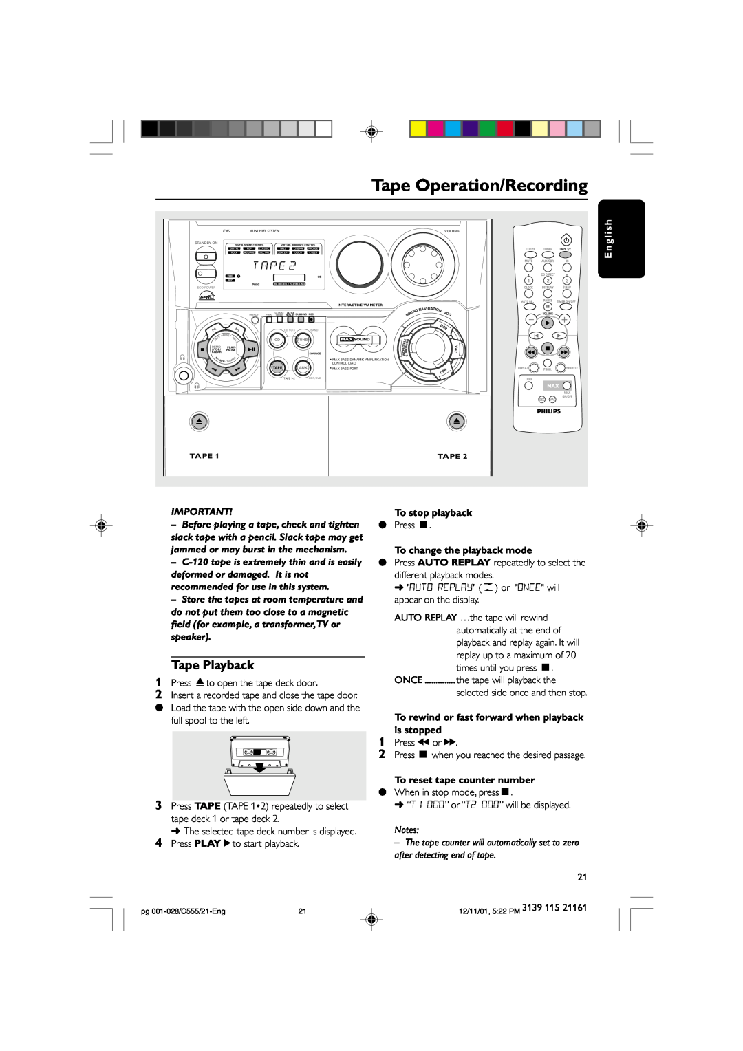 Philips C555 manual Tape Operation/Recording, Tape Playback, To change the playback mode, To reset tape counter number 