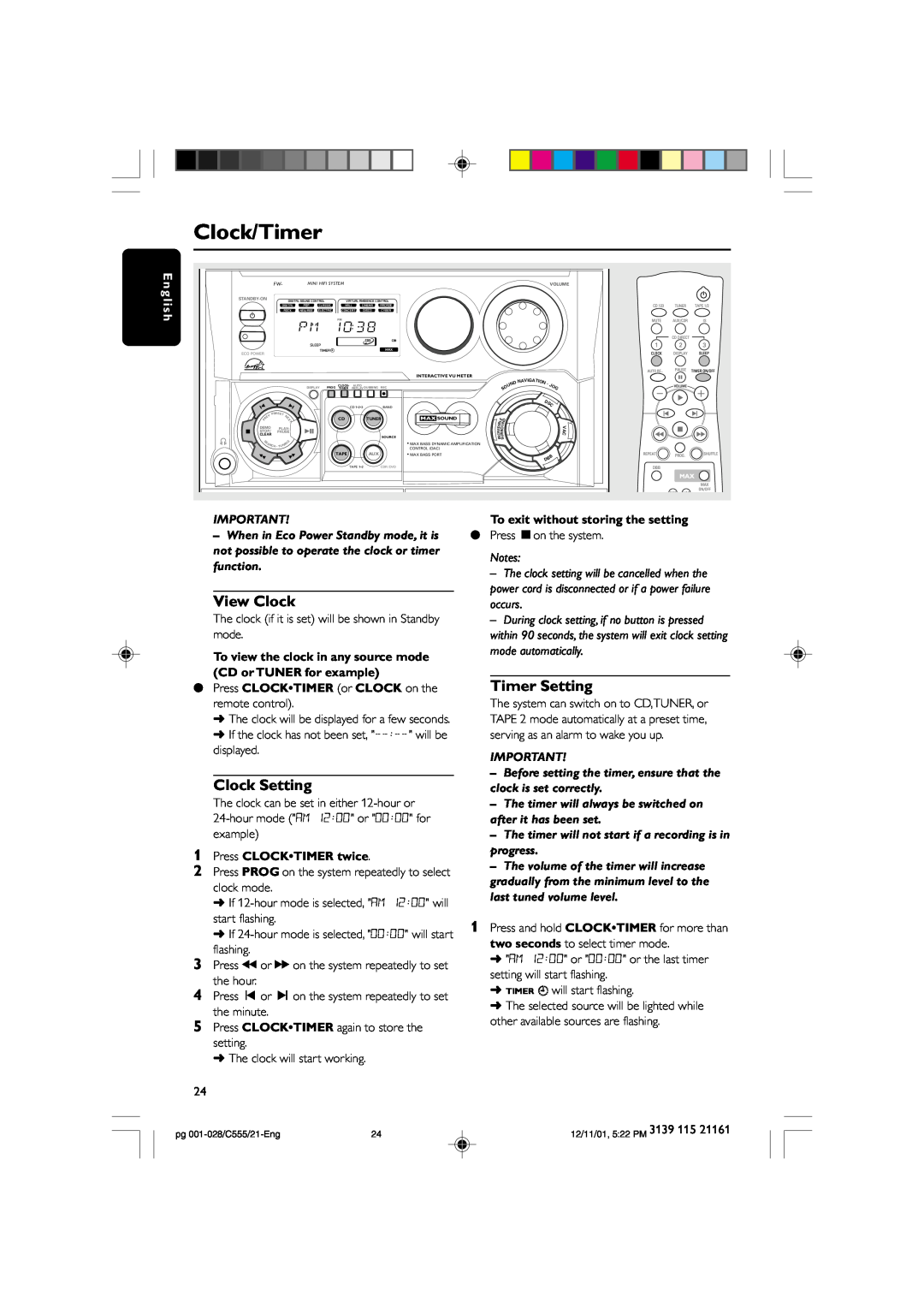 Philips C555 manual Clock/Timer, View Clock, Clock Setting, Timer Setting, Press CLOCK TIMER or CLOCK on the remote control 