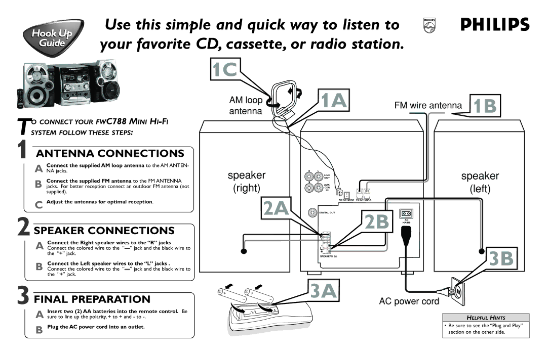 Philips C788 manual Antenna Connections, Speaker Connections, Final Preparation 