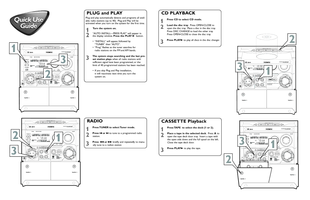 Philips C788 manual Plug and Play, CD Playback, Radio, Cassette Playback 