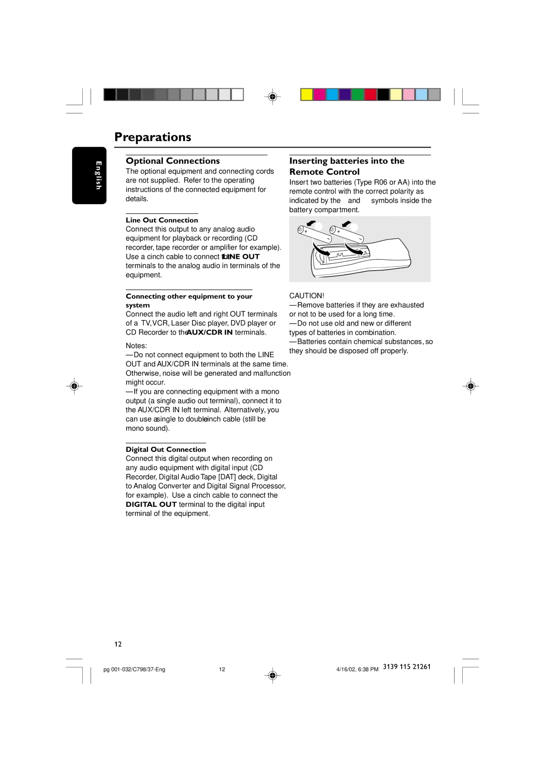 Philips C798 warranty Optional Connections, Inserting batteries into the Remote Control 