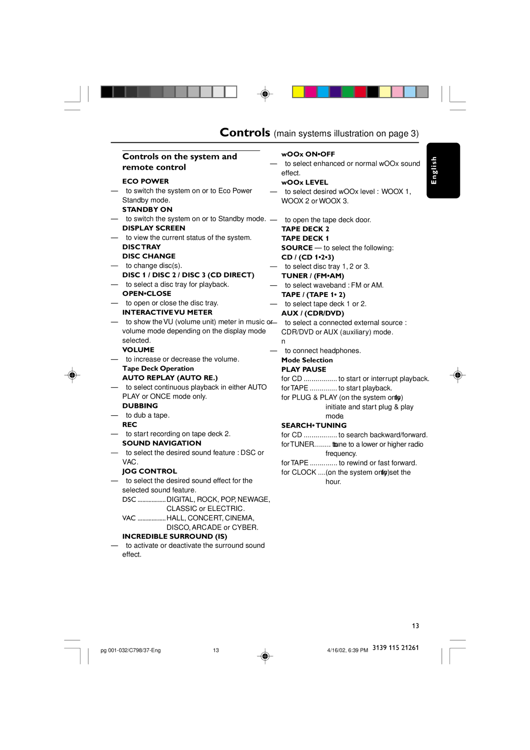 Philips C798 warranty Controls on the system, Remote control 