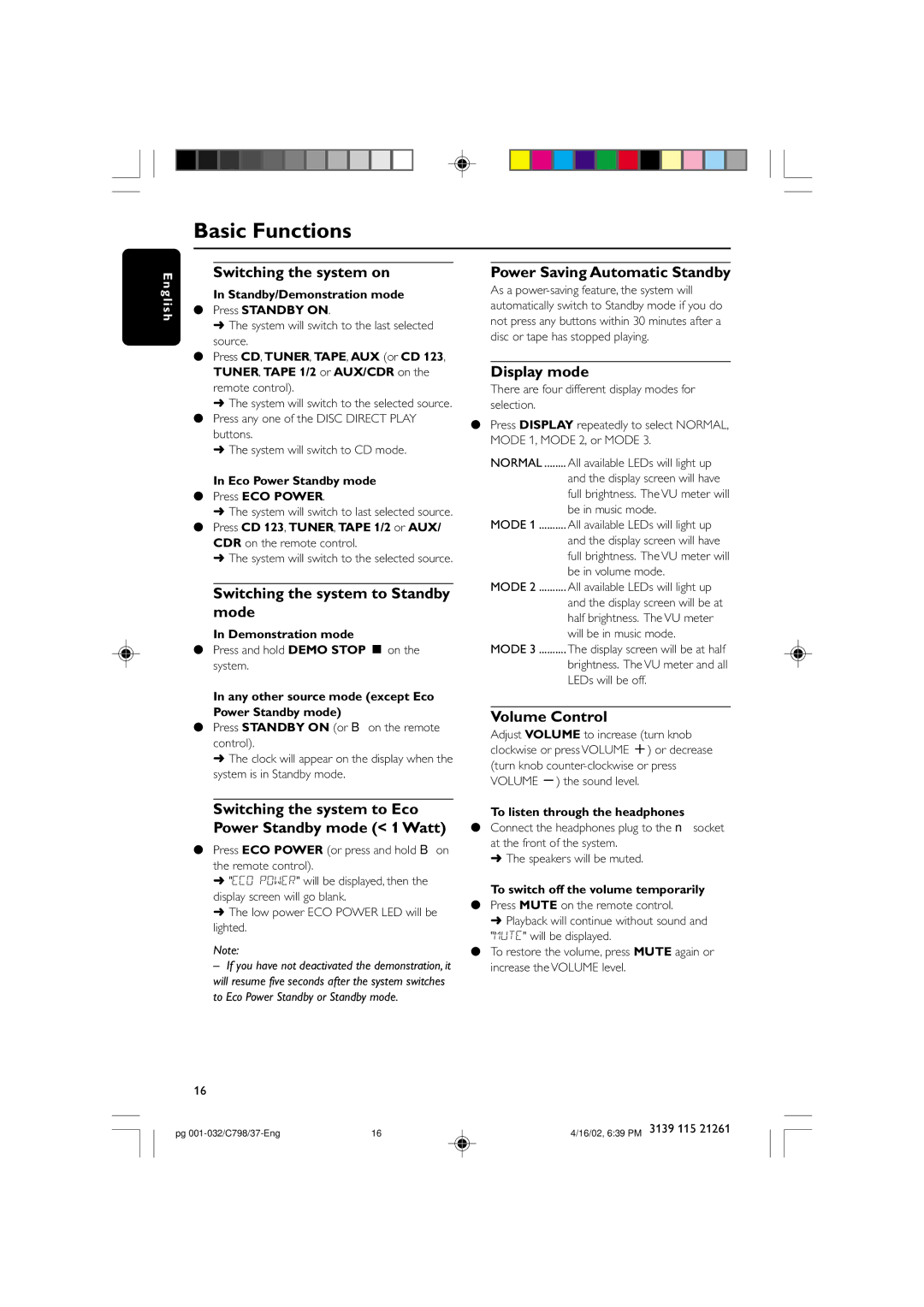 Philips C798 Switching the system on, Switching the system to Standby mode, Power Saving Automatic Standby, Display mode 