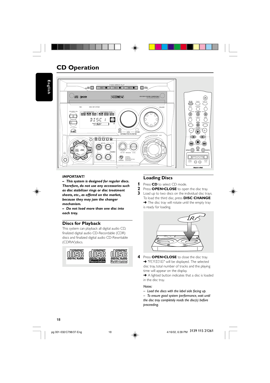 Philips C798 warranty CD Operation, Discs for Playback, Loading Discs, Press Openclose to close the disc tray 