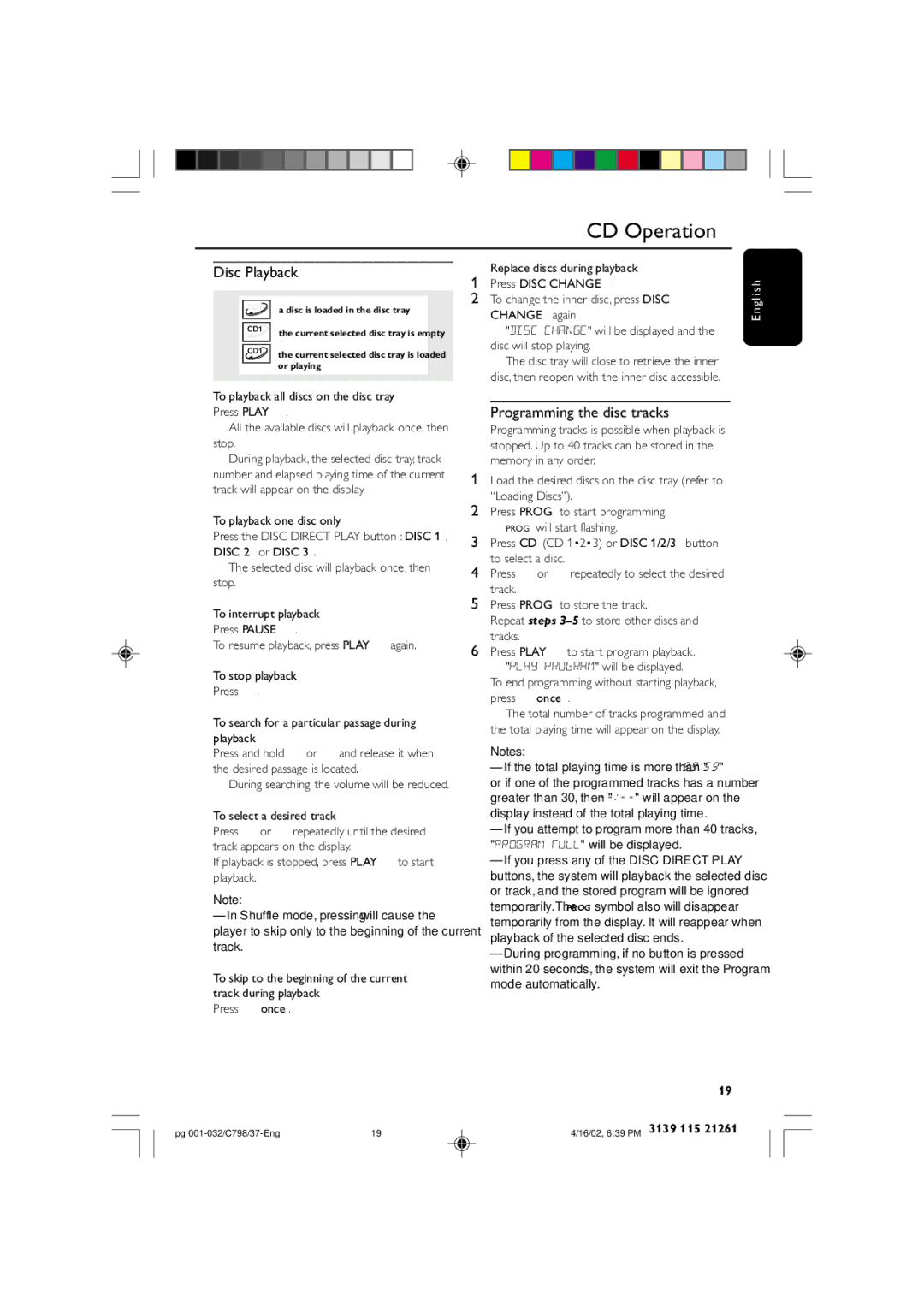 Philips C798 warranty Disc Playback, Programming the disc tracks 