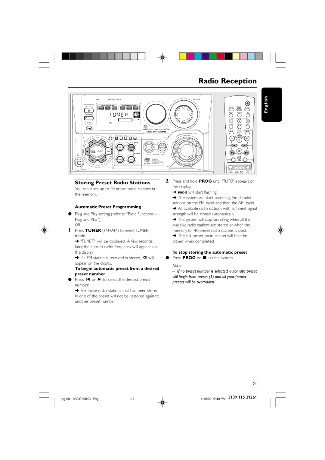 Philips C798 warranty Radio Reception, Storing Preset Radio Stations, Automatic Preset Programming 