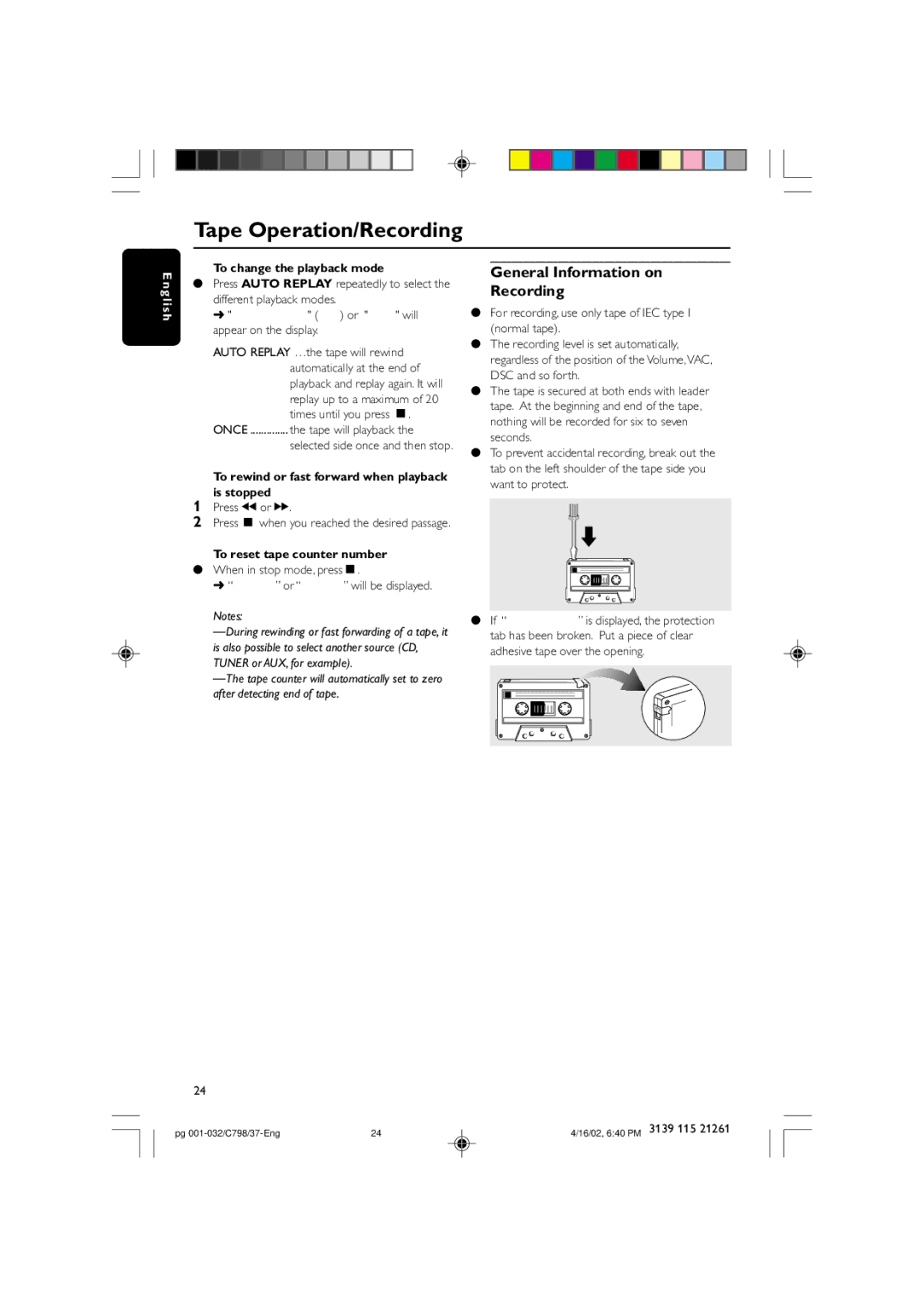 Philips C798 General Information on Recording, To change the playback mode, Press à or á, To reset tape counter number 