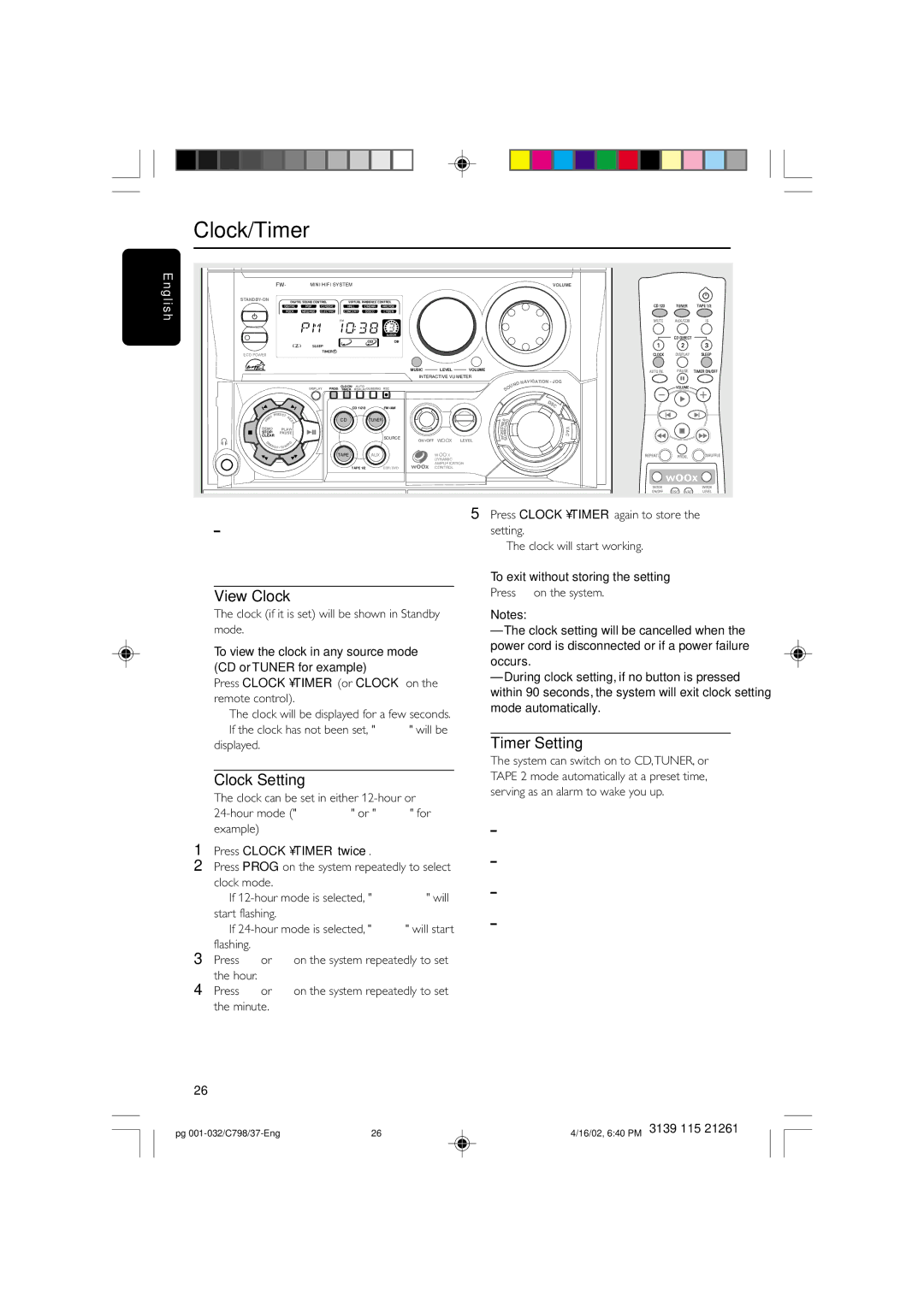 Philips C798 warranty View Clock, Clock Setting, Timer Setting 