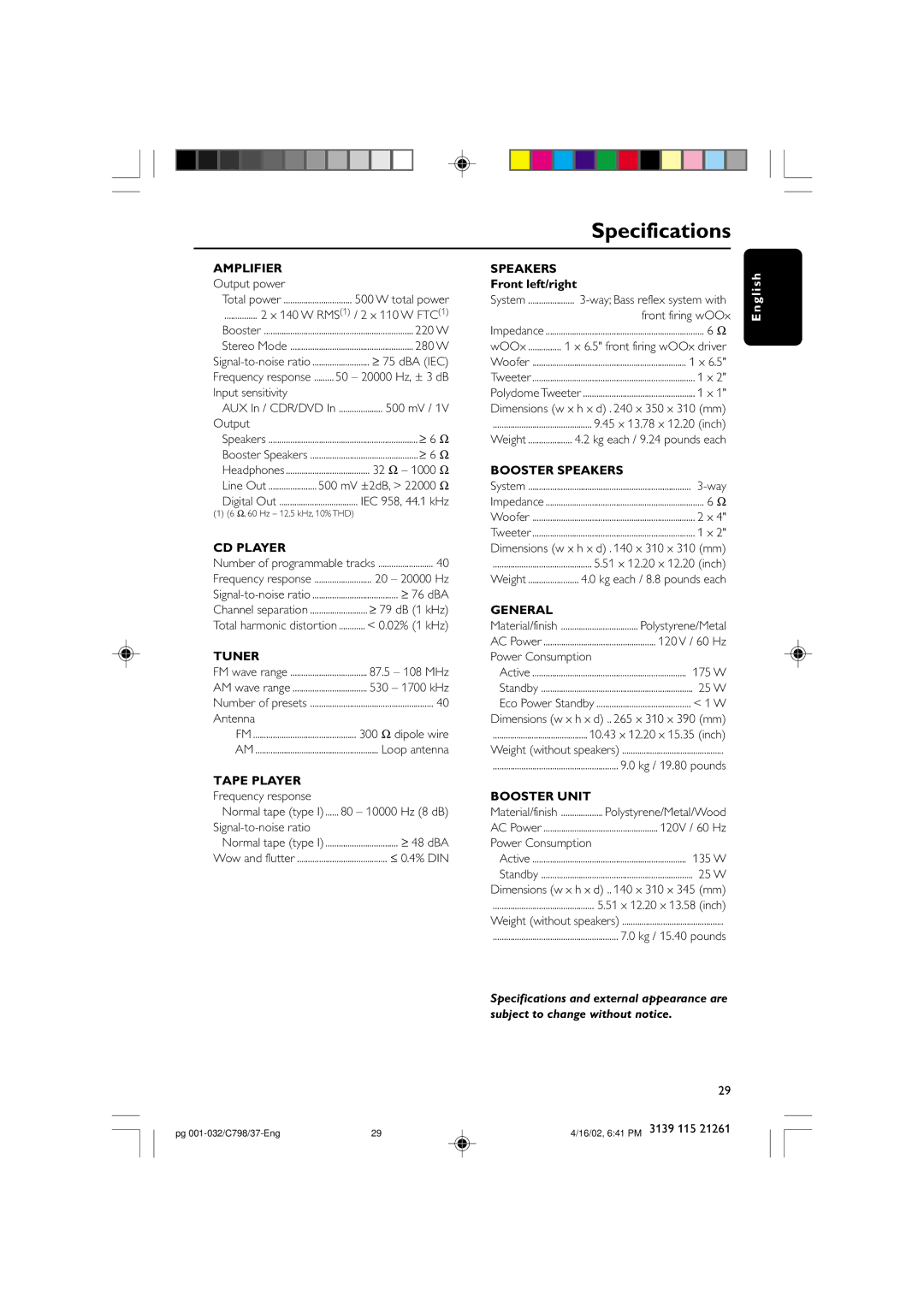 Philips C798 warranty Specifications 