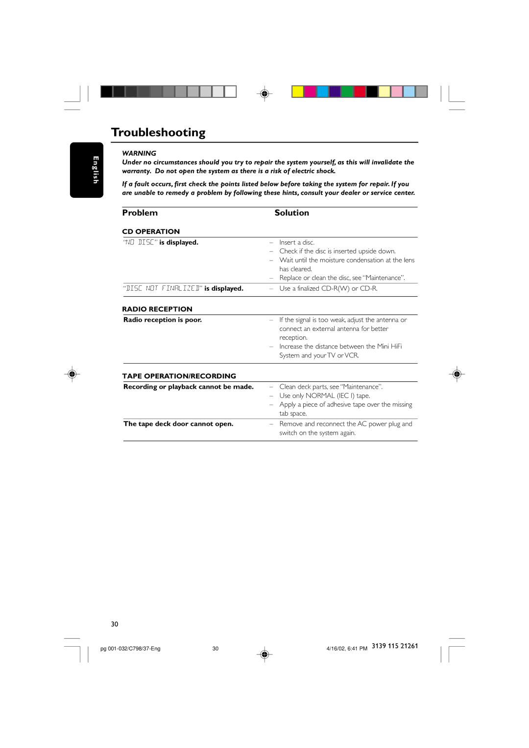 Philips C798 warranty Troubleshooting, Problem Solution, CD Operation, Radio Reception, Tape OPERATION/RECORDING 