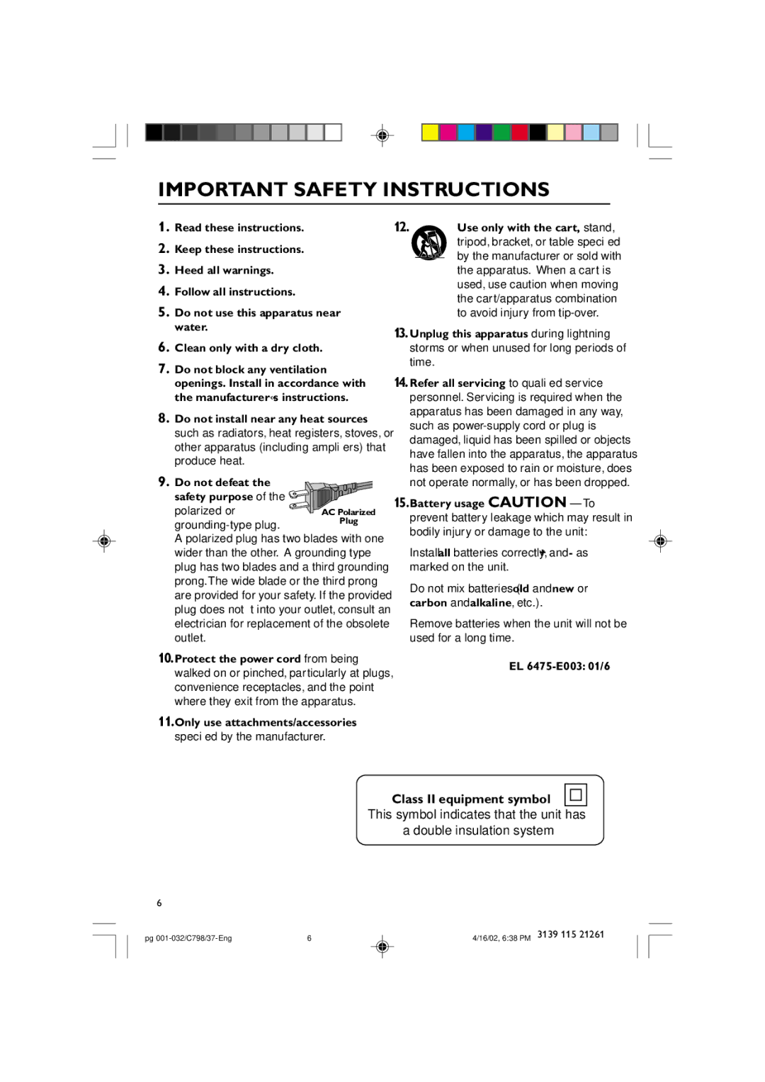 Philips C798 warranty Important Safety Instructions, Class II equipment symbol 