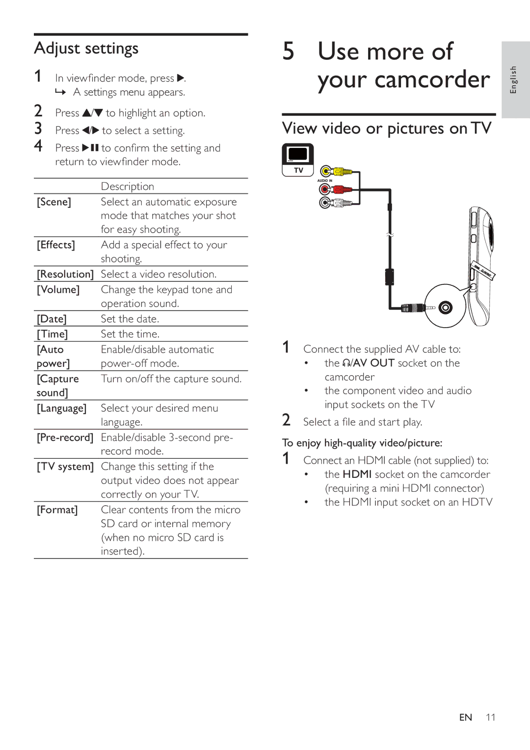 Philips CAM100GY/00 user manual Use more Your camcorder, Adjust settings, View video or pictures on TV 