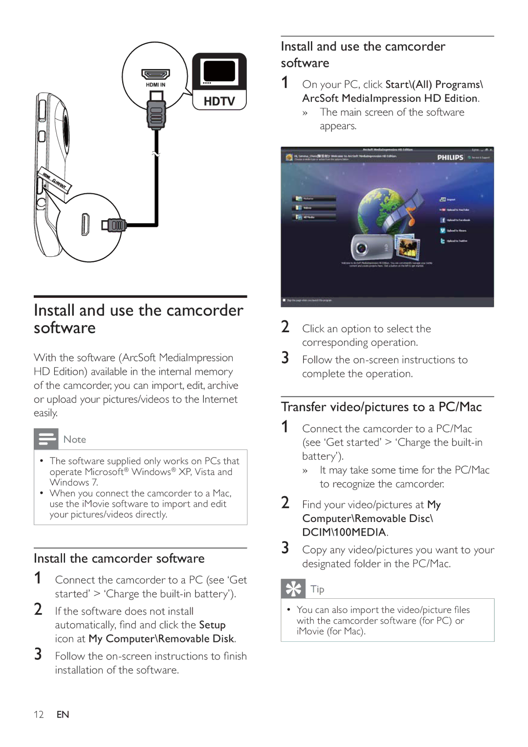 Philips CAM100GY/00 user manual Install and use the camcorder software, Install the camcorder software 