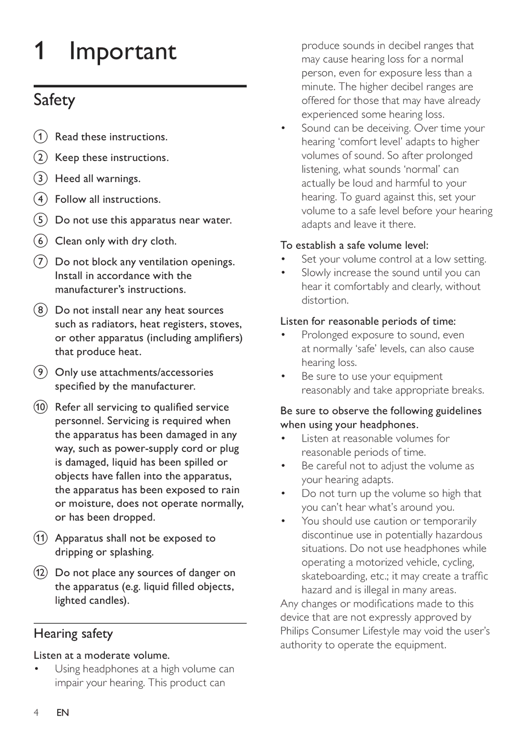 Philips CAM100GY/00 user manual Safety, Hearing safety, Listen at a moderate volume 