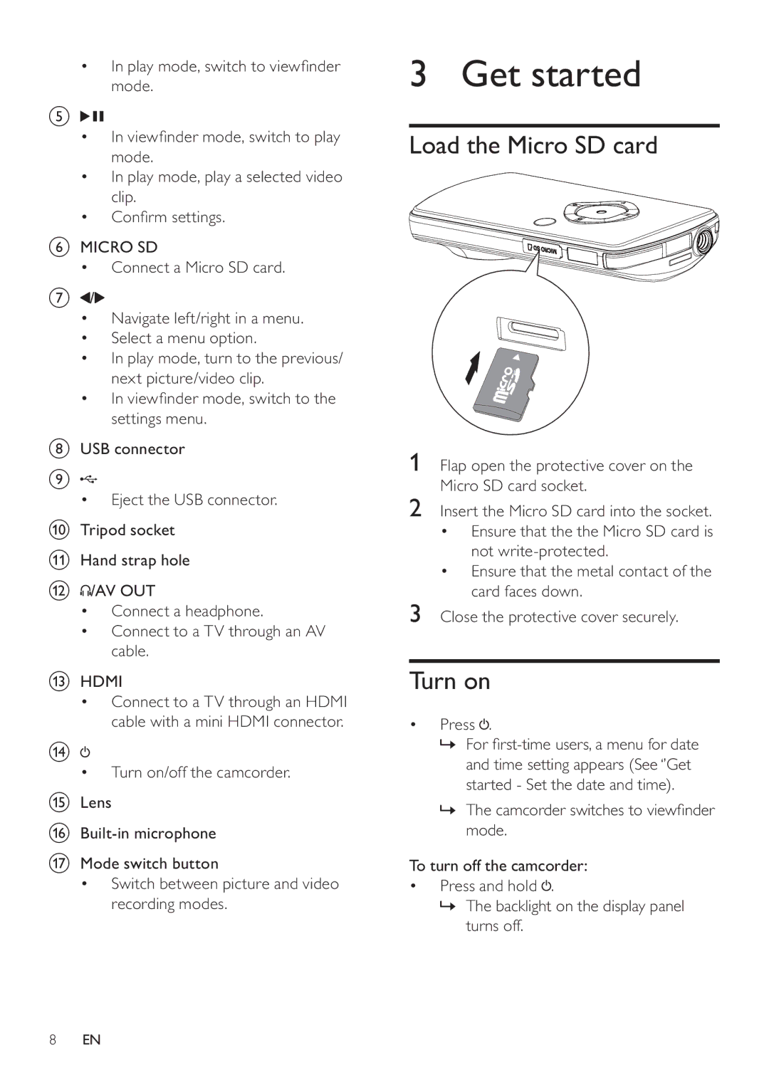 Philips CAM100GY/00 user manual Get started, Load the Micro SD card, Turn on, Press 