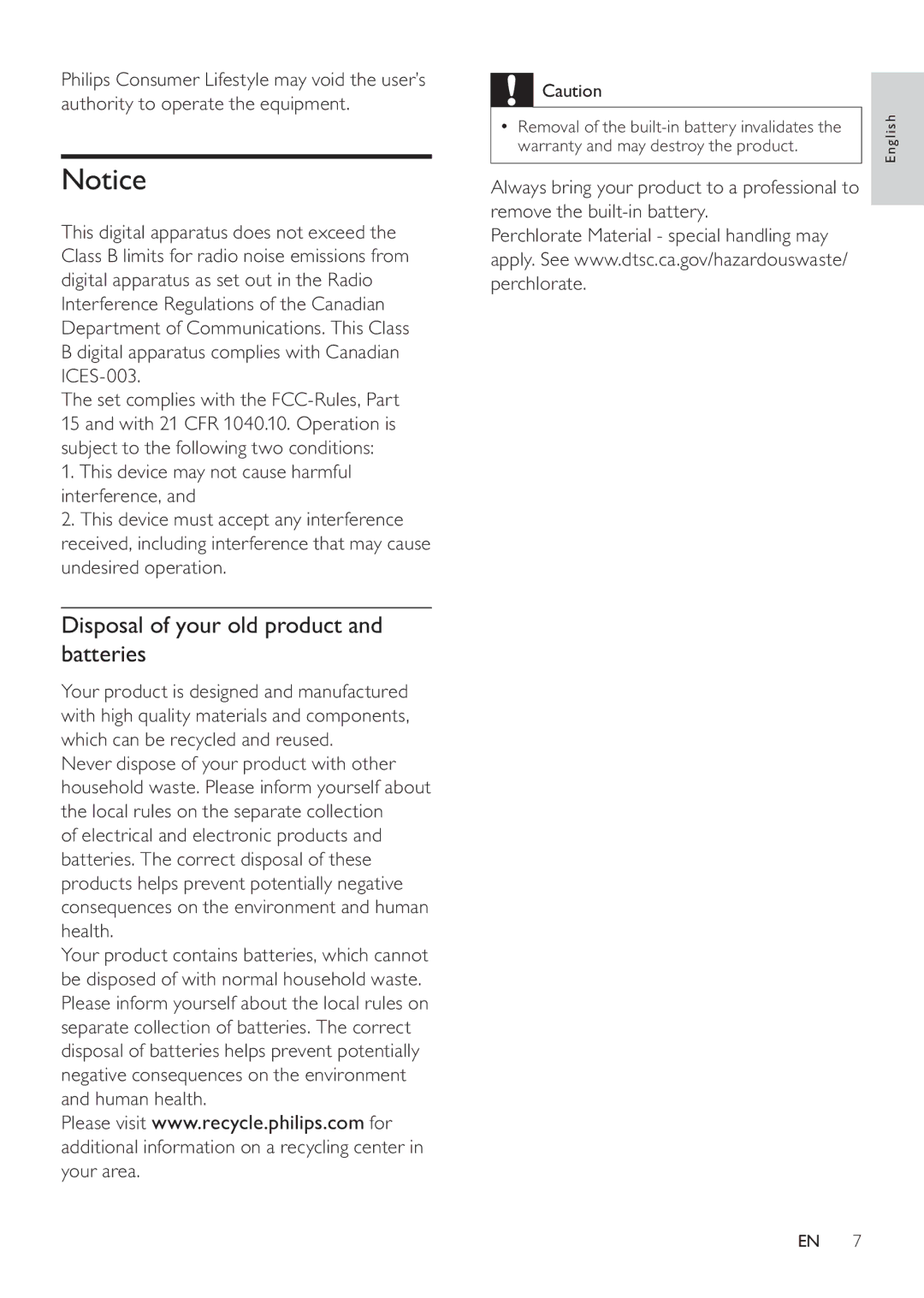 Philips CAM100GY/37 Disposal of your old product and batteries, This device may not cause harmful interference 