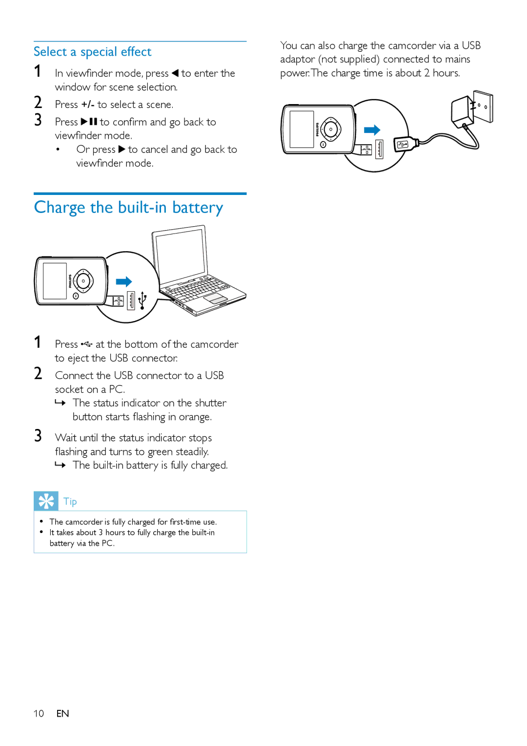 Philips CAM102B Charge the built-in battery, Select a special effect, Connect the USB connector to a USB socket on a PC 