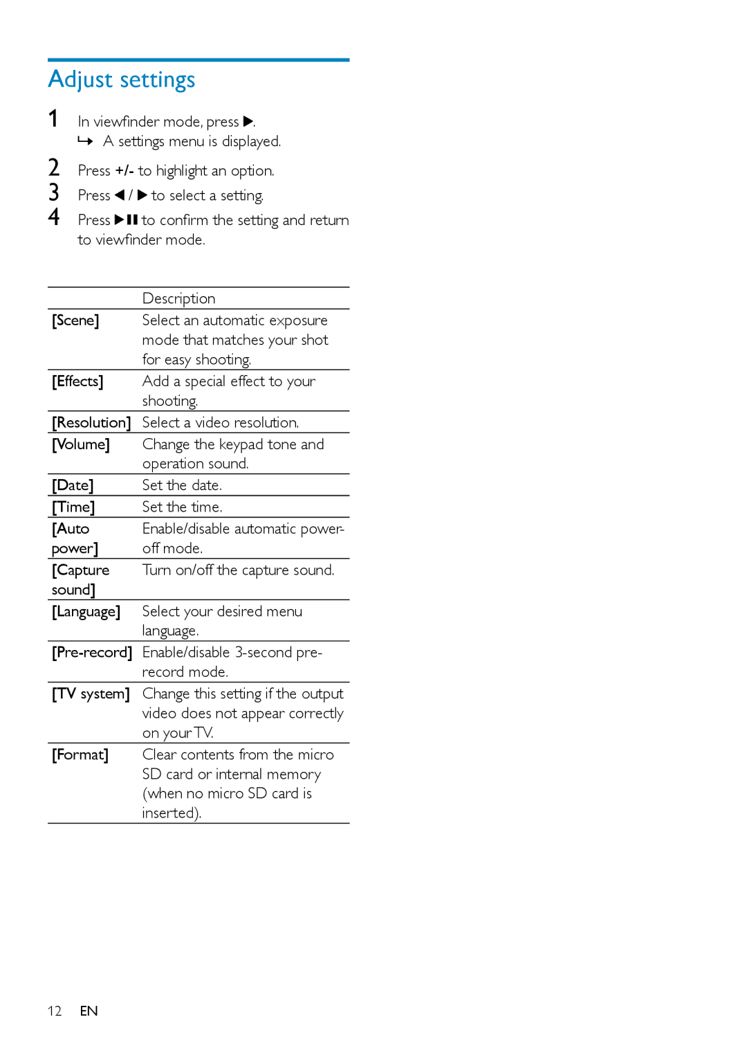 Philips CAM102B Adjust settings, Operation sound, Date Set the date Time Set the time Auto, Power Off mode Capture 