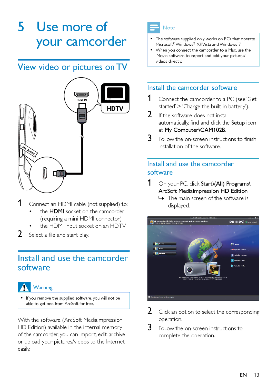 Philips CAM102B View video or pictures on TV, Install and use the camcorder software, Install the camcorder software 