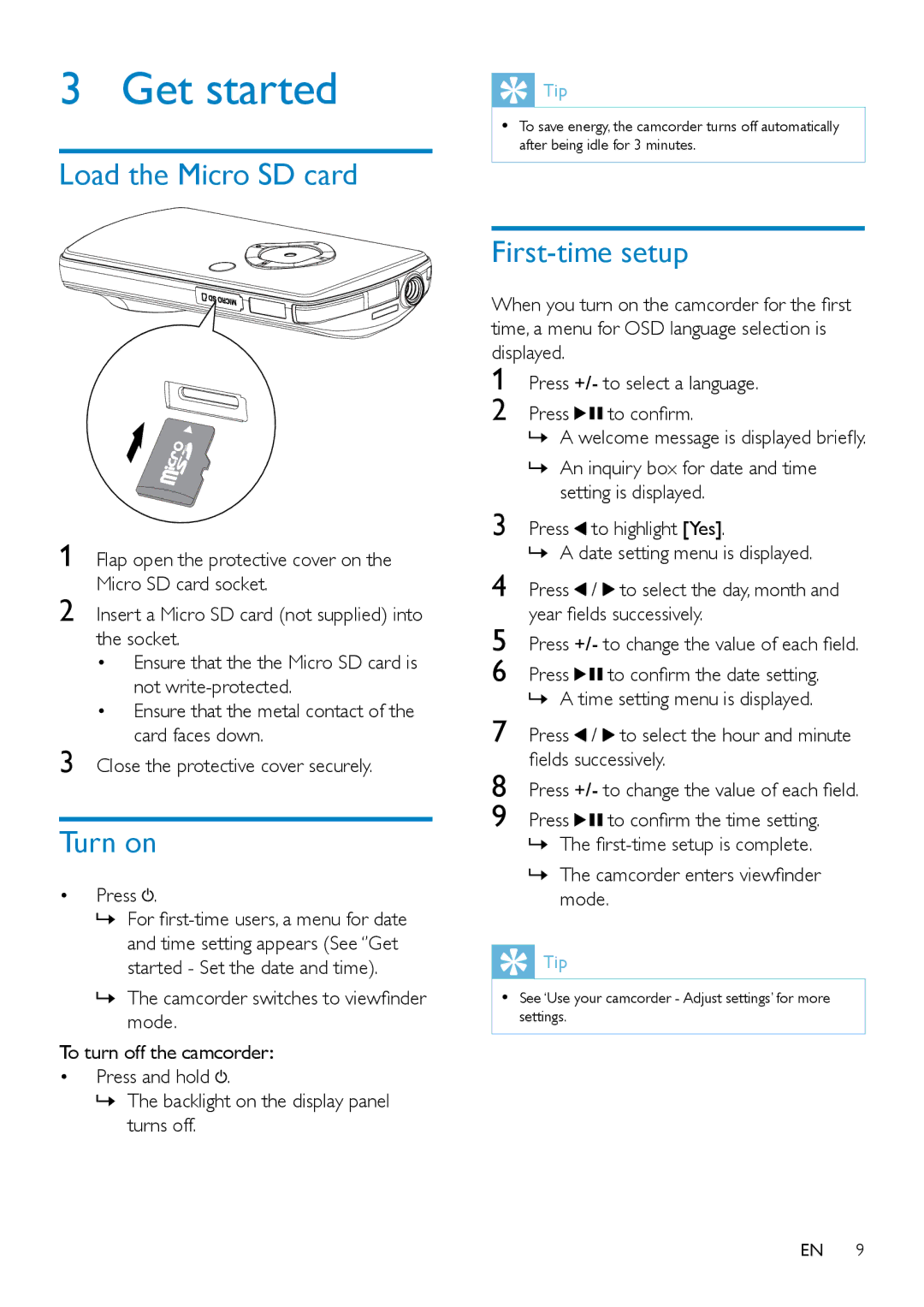 Philips CAM102B user manual Load the Micro SD card, Turn on, Press, Fields successively, To confirm the time setting 