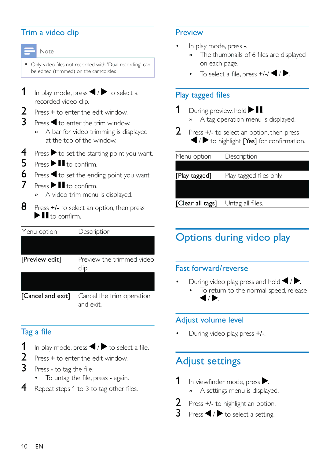 Philips CAM110 user manual Options during video play, Adjust settings 